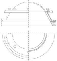 Fototapeta premium Technical architectural blueprint illustrating a symmetrical circular domed roof hatch or skylight assembly with top elevation views and cross-section details showing mounting flanges 