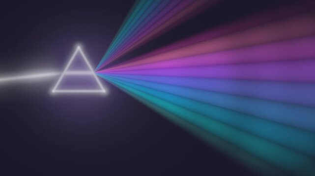Prism refraction dispersing white light into a rainbow spectrum fan abstract dark background seamless loop in rich indigo tones