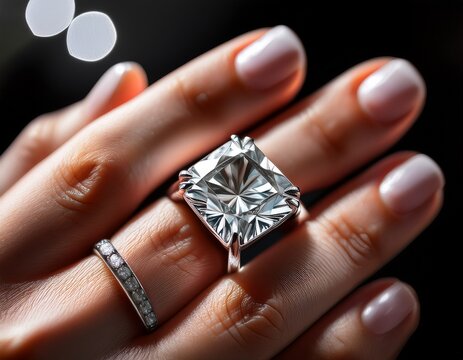 close up of a hand with an emerald cut diamond ring the facets reflecting light beautifully giving a premium high end feel