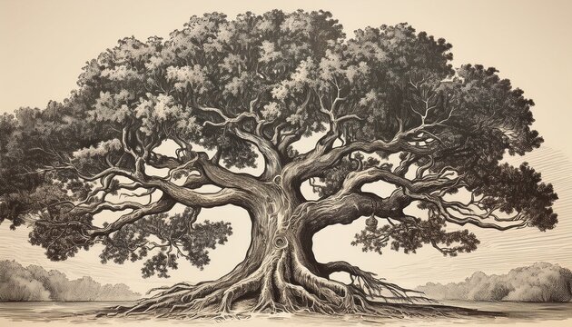 detailed retro style engraving of a majestic oak tree with its sprawling branches and intricate root system