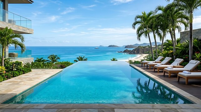 Luxury infinity pool overlooking tropical ocean with lounge chairs with relaxation