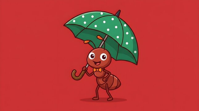 Cheerful Cartoon Ant with Green Polka Dot Umbrella on Red Background