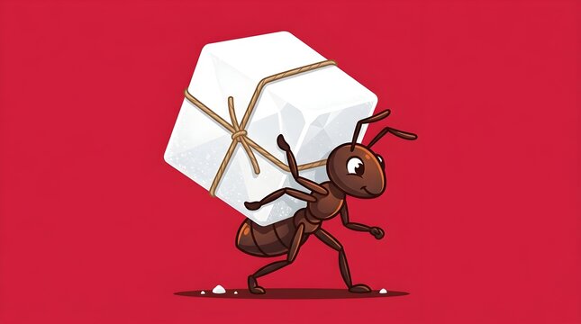 Cute Cartoon Ant Carrying a Large Sugar Cube on a Red Background