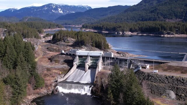 Aerial drone view of hydroelectric dam and reservoir in Whistler, British Columbia, Canada