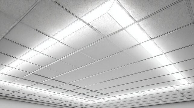 Modern overhead view, featuring a grid-patterned ceiling with bright fluorescent lighting. White tones create a clean, contemporary feel