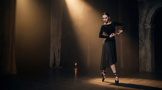 Ballerina dancing on stage in spotlight. Woman performing classical ballet dance in black dress. Dramatic theater atmosphere with artistic lighting. Professional performance art concept.