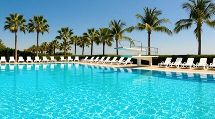 Fototapeta premium Empty swimming pool with clear blue water, diving board, lounge chairs, and palm trees under a sunny sky. Resort oasis perfect for summer relaxation and vacation fun.