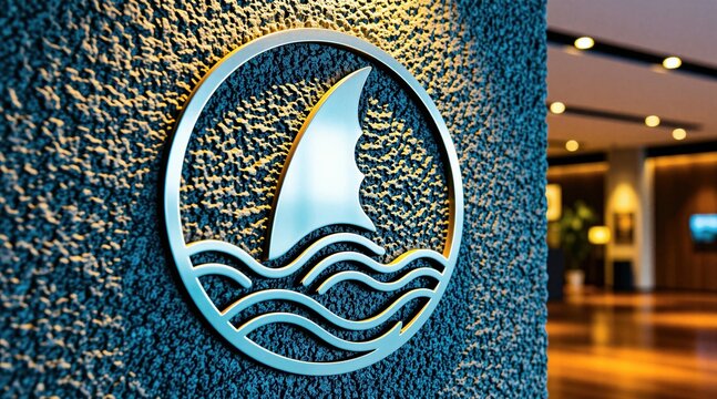 Metal fin icon on rough concrete wall inside modern office lounge. Circular aquatic logo design with wave details. Focused branding signage on textured surface with blurred interior space background.