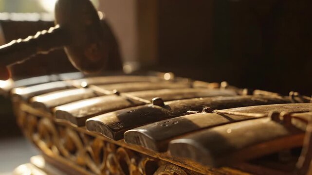 Hand Playing Traditional Indonesian Gamelan Instrument with Mallet 4K Video