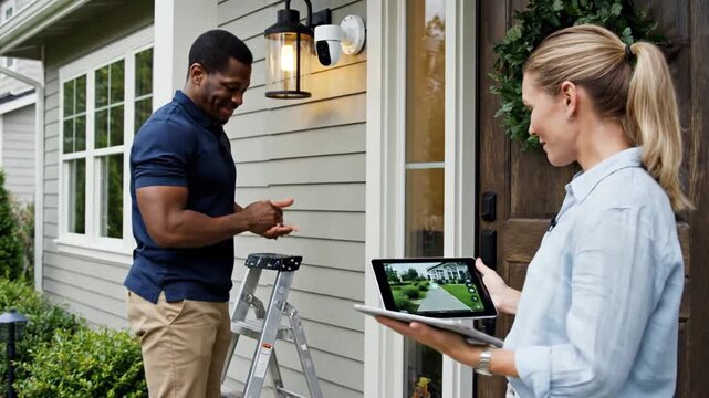 Couple installing smart security camera outside modern home