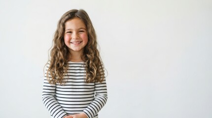 Obraz premium Brightly lit portrait of a smiling young girl with curly hair in a striped shirt, plain background, cheerful mood, studio lighting, close-up shot.