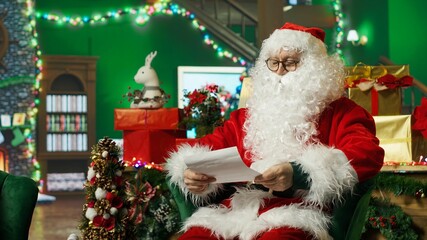 Fototapeta premium An older man portraying Santa Claus opens a letter from children asking for presents while reading their messages in a decorated Christmas room.