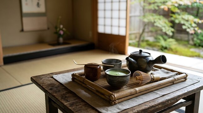 Traditional japanese tea ceremony setup with teapot and cups on wooden table