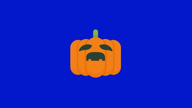 Sad pumpkin character on blue background. Cartoon jack-o-lantern with unhappy facial expression.