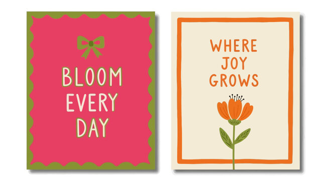 two cute illustrated cards with positive quotes and floral elements