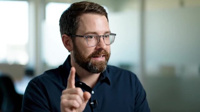 A focused professional gestures thoughtfully while speaking in a modern office setting, exuding confidence and engagement during a discussion.