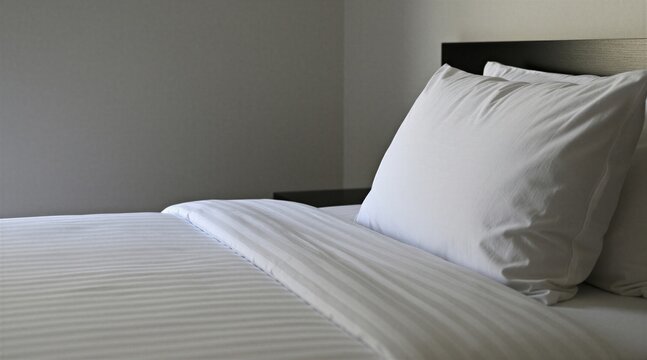 Empty hotel bedroom features single bed with white linens, pillow. Modern accommodation interior design shows clean minimalist style for travel lodging. Simple neat bedding set provides comfortable