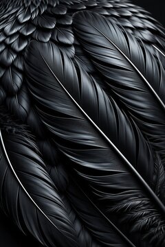 Close view of stacked black raven feathers showing texture and details. Soft, curved barbs create a smooth, luxurious surface with subtle light reflections. Natural pattern, elegant, minimalist.