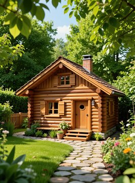 Small cozy log cabin surrounded by rich green trees and blooming flowers. Stone pathway leads to wooden door, small porch with potted plants. Perfect quiet getaway home nestled in nature.