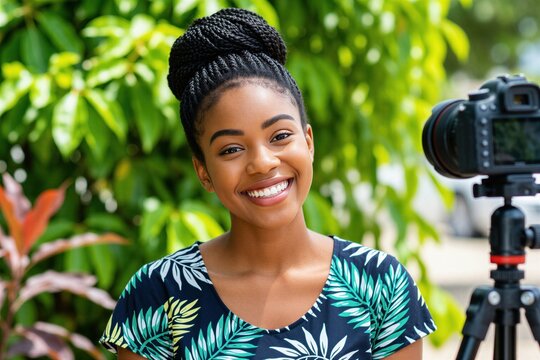 Happy young African woman with braided hair smiles at camera in sunny park. Stylish lady poses for pro photography session outdoors. Bright natural light shines on cheerful person with trendy outfit.