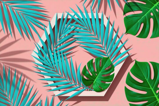 Hexagon frame on pastel pink background with tropical palm, monstera leaves. Turquoise plant foliage arrangement provides blank space for text mock-up design. Sunlight creates soft shadows on floral