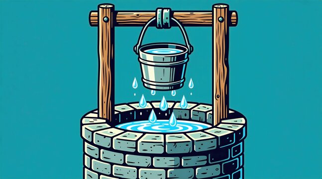Water well with bucket collecting liquid from wooden frame, drops fall into stone structure. Simple illustration for themes of resources, hydration, or rural life. Provides fresh water.