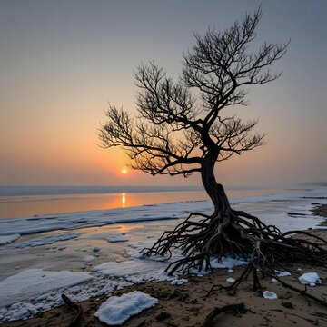 Single leafless tree stands on frozen winter beach during golden sunrise. Bare branches silhouette against soft morning sky. Cold snow covers sandy shore near calm ocean water. Nature scene shows