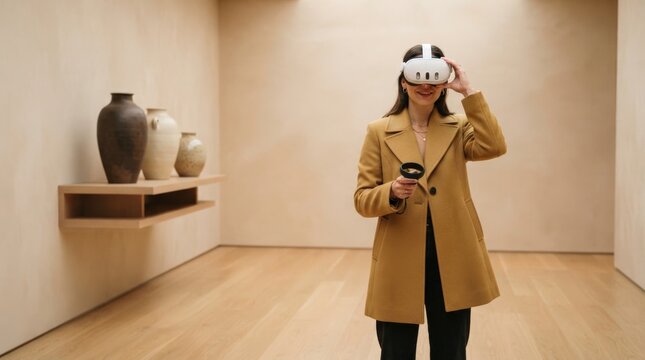 Woman wearing VR headset and beige coat examines art in minimalist gallery with neutral lighting, neutral walls, and wooden shelves displaying vases.