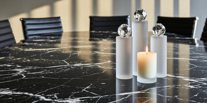 Three frosted glass pillars with crystal spheres stand on black marble table inside modern office boardroom. Burning candle adds warm light to luxury professional interior. Concept for business
