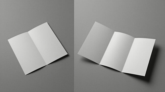 Two white tri fold brochures are on a plain grey background. One brochure lies flat open. The other stands angled open, ready for content. Clean design space.
