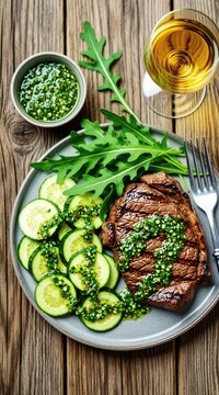 Grilled beef steak with fresh zucchini slices, green chimichurri sauce on ceramic plate. Healthy meal includes arugula salad, white wine glass. Rustic wooden table background features gourmet food