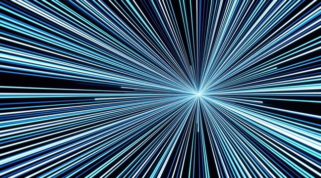 Blue light lines move fast in dark space. Abstract streaks create motion effect with bright glow. Rapid energy rays fly forward through tunnel of digital speed. Futuristic technology background shows