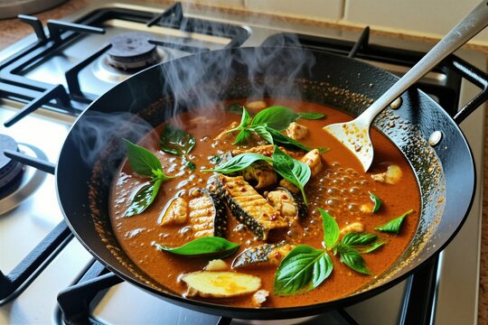 Hot spicy Thai catfish curry cooks in black wok on gas stove. Steam rises from delicious red soup with fresh green basil leaves, fish slices. Tasty homemade Asian meal preparation in kitchen pan for