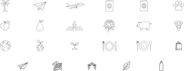 Premium Hand-Traced Vector Icon Set Collection - 23 Minimalist Line Art Illustrations for Travel, Nature, Food, Animals, and Lifestyle Design Projects - Scalable EPS Bundle for Branding and Creative © Ariful
