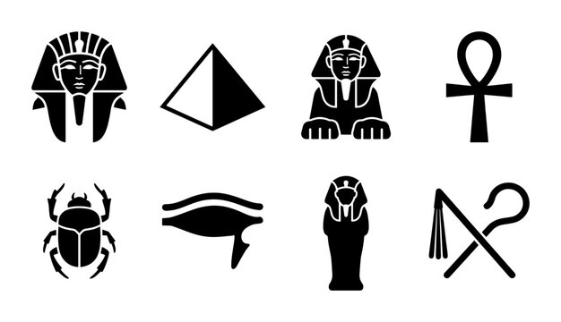 Ancient Egyptian icons set, black silhouette Egypt symbols including pharaoh and pyramid, 8 vector elements for history and travel design