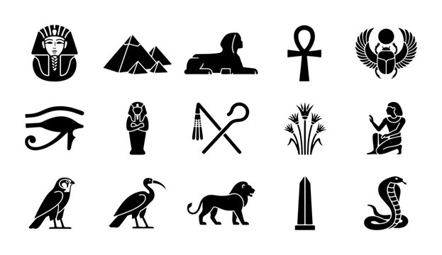 Ancient Egyptian icons set, black silhouette Egypt symbols including pyramids and pharaoh, 15 vector elements for history and travel design