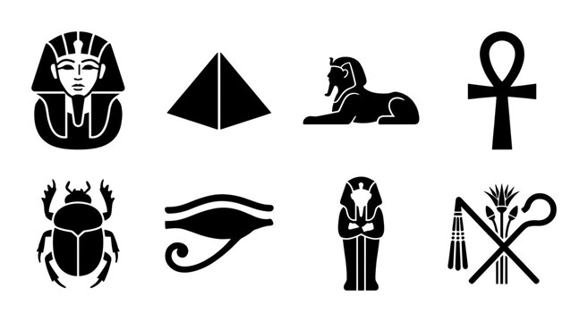 Ancient Egyptian symbols set, black silhouette icons of Pharaoh, Pyramid and Sphinx, 8 vector elements of Egypt history and culture