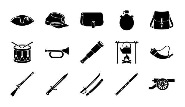Vintage American Civil War icons, 15 historical military equipment vector symbols, black silhouette soldier gear and weaponry set