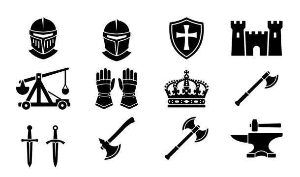 Medieval knight icons set, 12 black silhouette fantasy warrior elements, ancient castle and weapon vector graphics for gaming and heraldry