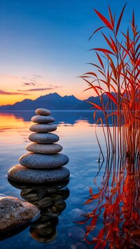 Zen balanced stones stacked as a cairn in clear shallow water with red reeds and a vibrant sunset sky reflecting over distant mountains in a peaceful nature landscape