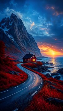 Scenic Coastal Road at Sunset with Red Grass and Small House near Ocean, Dramatic Mountain Landscape