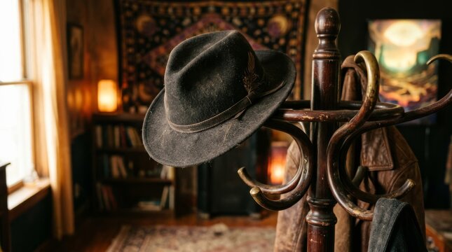 Black felt hat with feather hanging on a wooden coat rack in a cozy room with warm lighting and decorative wall tapestry in the background
