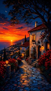 Charming European Old Town Street at Night with Glowing Lanterns and Flower Boxes, Mediterranean Village Scene