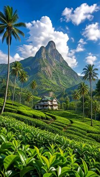 Lush Green Tea Plantation on Terraced Hills with Tropical Palm Trees and Mountain Background under Bright Blue Sky