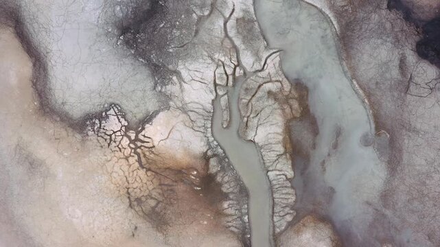 4K Aerial View of Intricate Fractal Geological Patterns of Dried Riverbed