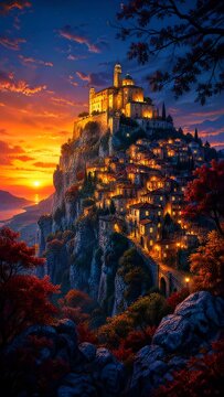 Dramatic hilltop village with glowing lights at sunset featuring a large stone castle perched on a cliff overlooking a valley with autumn trees under a vibrant orange and deep blue sky.