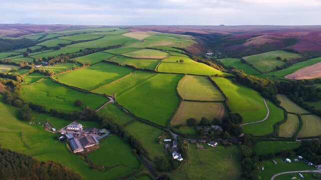 4K Aerial View of Rolling Farmland and Valleys in Exmoor National Park UK