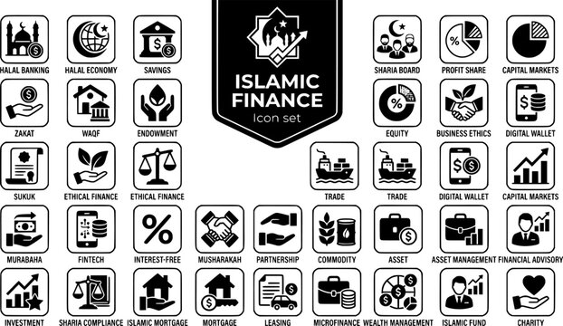 Islamic Finance Icon Set Halal Economy Sharia Banking Zakat Sukuk Investment Fintech Murabaha Waqf Ethical Finance Halal Compliance Campaign Vector Illustration