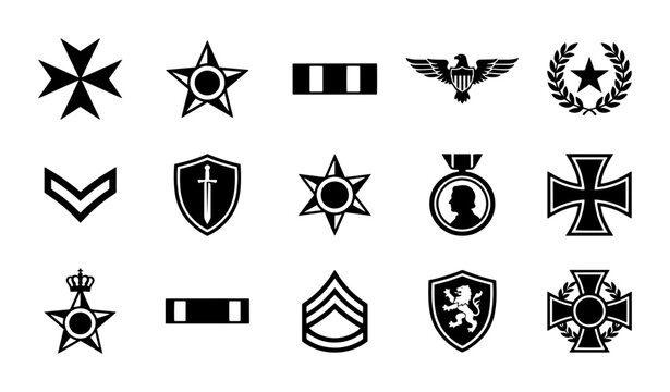 Military rank insignia and army medals collection, 15 black vector icons of war honors and badges, heraldic shield and star symbols for gaming