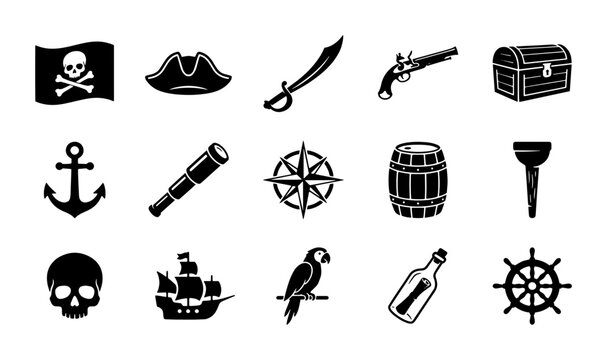 Pirate icon set with 15 black vector silhouettes, nautical adventure symbols including skull and crossbones, maritime sailing equipment and treasure hunt elements